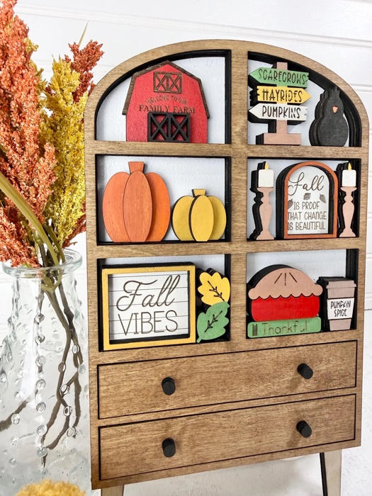 Fall Hutch Decor with Interchangeable Mini Signs | Wooden Autumn Hutch Shelf Sitter | Farmhouse Pumpkin Decor | Tiered Tray Decor
