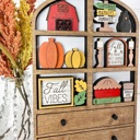  Fall Hutch Decor with Interchangeable Mini Signs | Wooden Autumn Hutch Shelf Sitter | Farmhouse Pumpkin Decor | Tiered Tray Decor