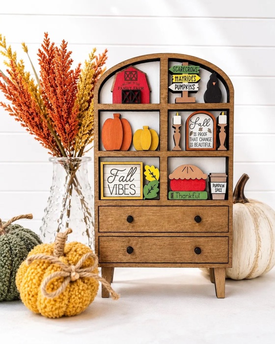 Fall Hutch Decor with Interchangeable Mini Signs | Wooden Autumn Hutch Shelf Sitter | Farmhouse Pumpkin Decor | Tiered Tray Decor