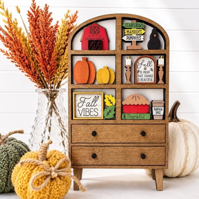 Fall Hutch Decor with Interchangeable Mini Signs | Wooden Autumn Hutch Shelf Sitter | Farmhouse Pumpkin Decor | Tiered Tray Decor