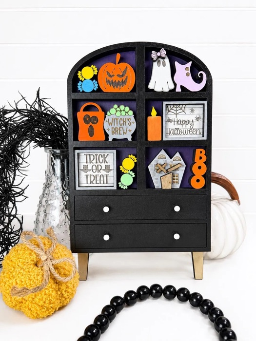 Halloween Hutch Decor with Interchangeable Mini Signs | Tiered Shelf Hutch | Spooky Ghost Pumpkin Decor | Halloween Shelf Sitter