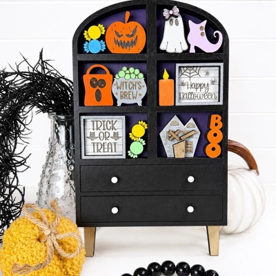 Halloween Hutch Decor with Interchangeable Mini Signs | Tiered Shelf Hutch | Spooky Ghost Pumpkin Decor | Halloween Shelf Sitter