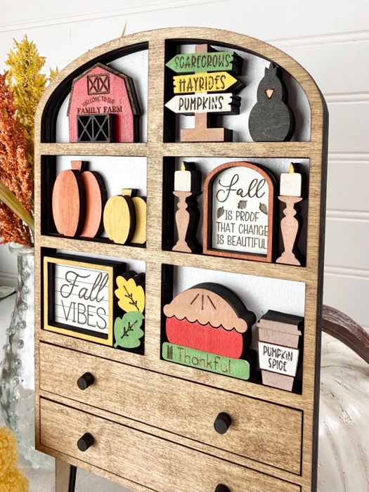 Fall Hutch Decor with Interchangeable Mini Signs | Wooden Autumn Hutch Shelf Sitter | Farmhouse Pumpkin Decor | Tiered Tray Decor