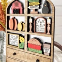  Fall Hutch Decor with Interchangeable Mini Signs | Wooden Autumn Hutch Shelf Sitter | Farmhouse Pumpkin Decor | Tiered Tray Decor