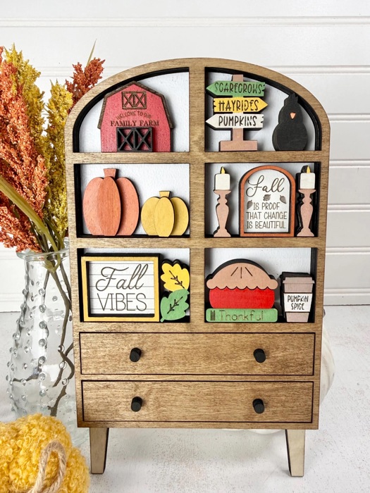Fall Hutch Decor with Interchangeable Mini Signs | Wooden Autumn Hutch Shelf Sitter | Farmhouse Pumpkin Decor | Tiered Tray Decor