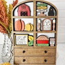  Fall Hutch Decor with Interchangeable Mini Signs | Wooden Autumn Hutch Shelf Sitter | Farmhouse Pumpkin Decor | Tiered Tray Decor