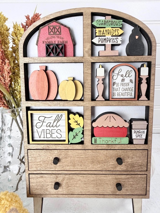 Fall Hutch Decor with Interchangeable Mini Signs | Wooden Autumn Hutch Shelf Sitter | Farmhouse Pumpkin Decor | Tiered Tray Decor
