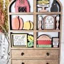  Fall Hutch Decor with Interchangeable Mini Signs | Wooden Autumn Hutch Shelf Sitter | Farmhouse Pumpkin Decor | Tiered Tray Decor