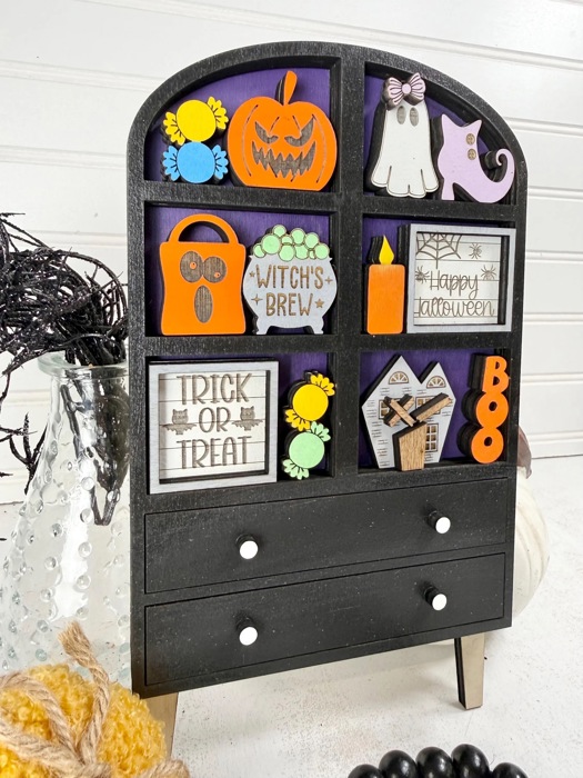 Halloween Hutch Decor with Interchangeable Mini Signs | Tiered Shelf Hutch | Spooky Ghost Pumpkin Decor | Halloween Shelf Sitter