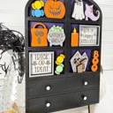  Halloween Hutch Decor with Interchangeable Mini Signs | Tiered Shelf Hutch | Spooky Ghost Pumpkin Decor | Halloween Shelf Sitter