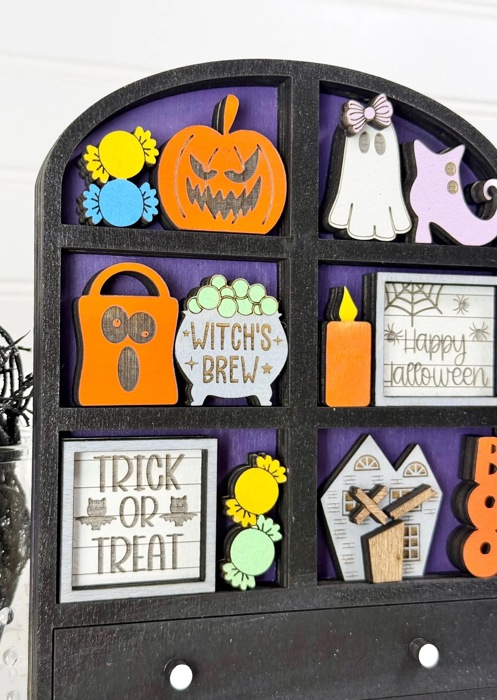 Halloween Hutch Decor with Interchangeable Mini Signs | Tiered Shelf Hutch | Spooky Ghost Pumpkin Decor | Halloween Shelf Sitter