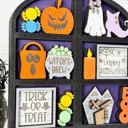  Halloween Hutch Decor with Interchangeable Mini Signs | Tiered Shelf Hutch | Spooky Ghost Pumpkin Decor | Halloween Shelf Sitter