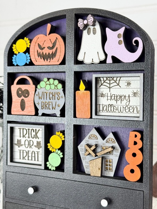 Halloween Hutch Decor with Interchangeable Mini Signs | Tiered Shelf Hutch | Spooky Ghost Pumpkin Decor | Halloween Shelf Sitter