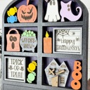  Halloween Hutch Decor with Interchangeable Mini Signs | Tiered Shelf Hutch | Spooky Ghost Pumpkin Decor | Halloween Shelf Sitter