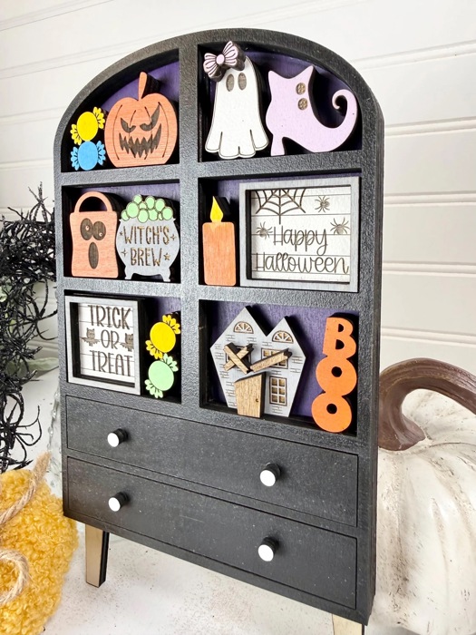Halloween Hutch Decor with Interchangeable Mini Signs | Tiered Shelf Hutch | Spooky Ghost Pumpkin Decor | Halloween Shelf Sitter