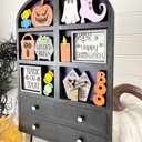  Halloween Hutch Decor with Interchangeable Mini Signs | Tiered Shelf Hutch | Spooky Ghost Pumpkin Decor | Halloween Shelf Sitter