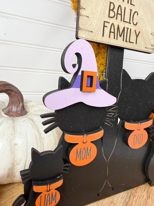 Personalized Halloween Cat Family Sign, Custom Cat Decor, Black Cat Shelf Sitter, Halloween Family Name Sign, Fall Tiered Tray Decor