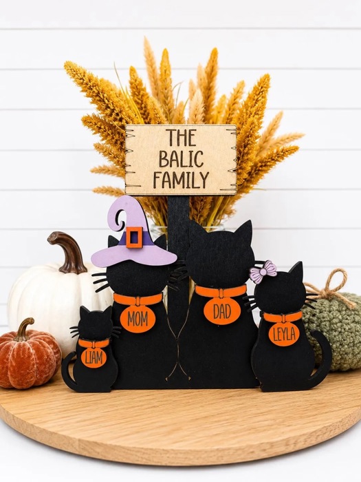 Personalized Halloween Cat Family Sign, Custom Cat Decor, Black Cat Shelf Sitter, Halloween Family Name Sign, Fall Tiered Tray Decor