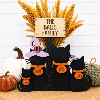 Personalized Halloween Cat Family Sign, Custom Cat Decor, Black Cat Shelf Sitter, Halloween Family Name Sign, Fall Tiered Tray Decor