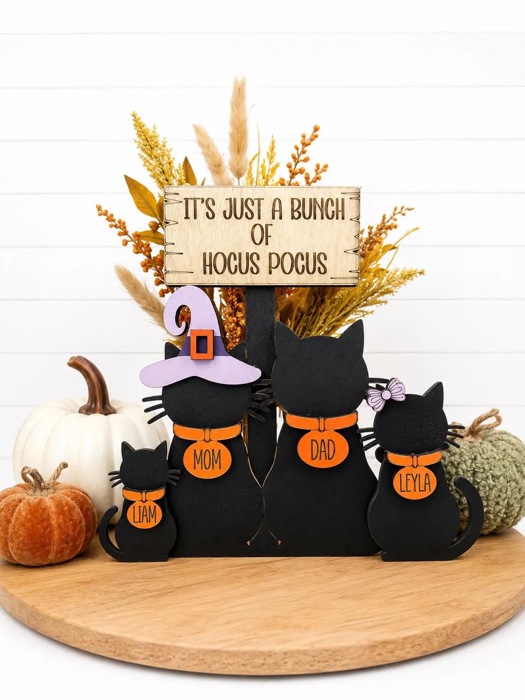 Personalized Halloween Cat Family Sign, Custom Cat Decor, Black Cat Shelf Sitter, Halloween Family Name Sign, Fall Tiered Tray Decor