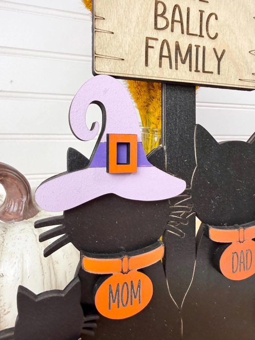 Personalized Halloween Cat Family Sign, Custom Cat Decor, Black Cat Shelf Sitter, Halloween Family Name Sign, Fall Tiered Tray Decor