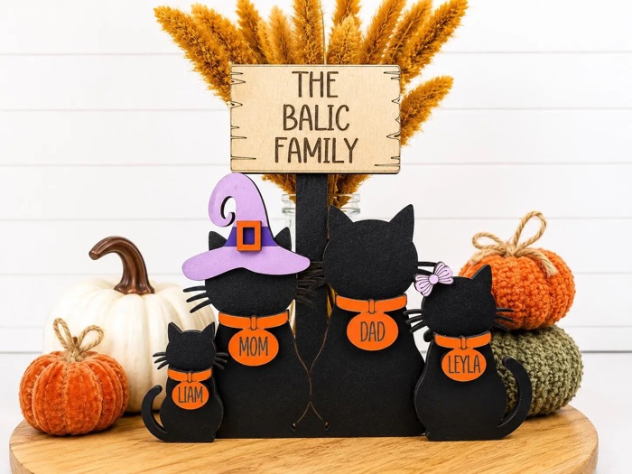 Personalized Halloween Cat Family Sign, Custom Cat Decor, Black Cat Shelf Sitter, Halloween Family Name Sign, Fall Tiered Tray Decor