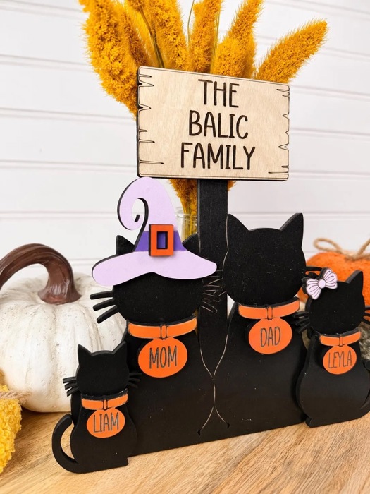 Personalized Halloween Cat Family Sign, Custom Cat Decor, Black Cat Shelf Sitter, Halloween Family Name Sign, Fall Tiered Tray Decor