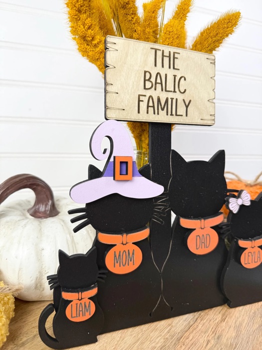 Personalized Halloween Cat Family Sign, Custom Cat Decor, Black Cat Shelf Sitter, Halloween Family Name Sign, Fall Tiered Tray Decor