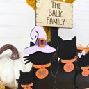 Personalized Halloween Cat Family Sign, Custom Cat Decor, Black Cat Shelf Sitter, Halloween Family Name Sign, Fall Tiered Tray Decor