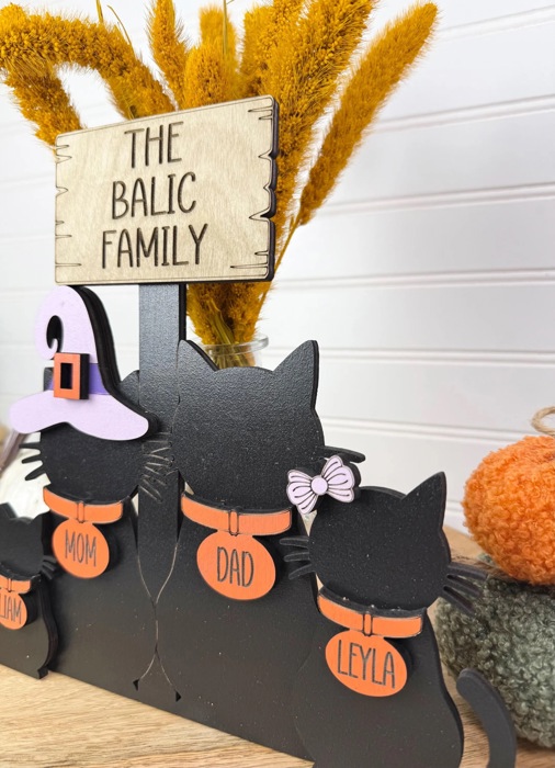 Personalized Halloween Cat Family Sign, Custom Cat Decor, Black Cat Shelf Sitter, Halloween Family Name Sign, Fall Tiered Tray Decor