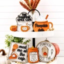 Full Set Pumpkin Spice Tiered Tray Decor | Fall Coffee Bar Decor | Pumpkin Spice Latte Wood Sign Set | Autumn Farmhouse Shelf Sitter | Fall Decor