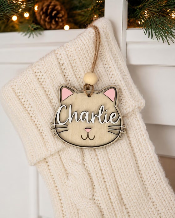 Personalized Cat Stocking Tag, Custom Cat Christmas Ornament, Pet Name Ornament, Wooden Kitty Stocking Name Tag, Cat Lover Gift