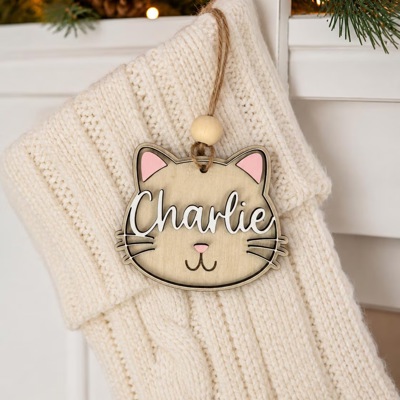 Personalized Cat Stocking Tag, Custom Cat Christmas Ornament, Pet Name Ornament, Wooden Kitty Stocking Name Tag, Cat Lover Gift