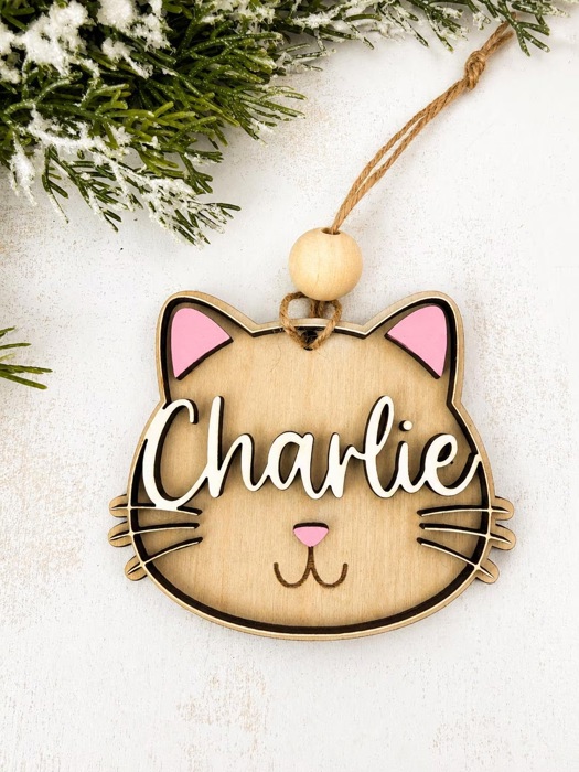 Personalized Cat Stocking Tag, Custom Cat Christmas Ornament, Pet Name Ornament, Wooden Kitty Stocking Name Tag, Cat Lover Gift