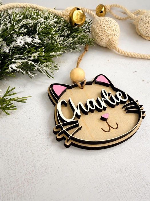 Personalized Cat Stocking Tag, Custom Cat Christmas Ornament, Pet Name Ornament, Wooden Kitty Stocking Name Tag, Cat Lover Gift