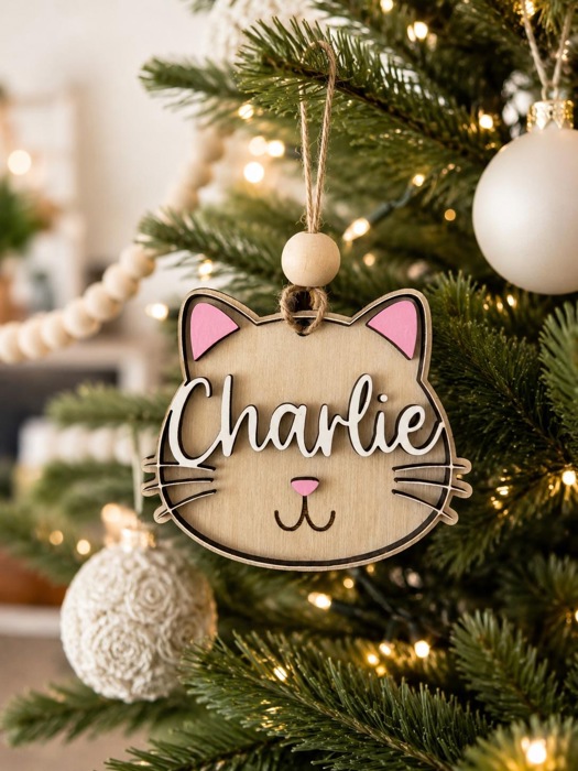 Personalized Cat Stocking Tag, Custom Cat Christmas Ornament, Pet Name Ornament, Wooden Kitty Stocking Name Tag, Cat Lover Gift