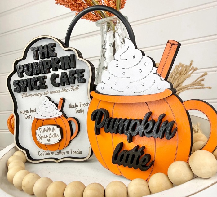 Pumpkin Spice Tiered Tray Decor | Fall Coffee Bar Decor | Pumpkin Spice Latte Wood Sign Set | Autumn Farmhouse Shelf Sitter | Fall Decor