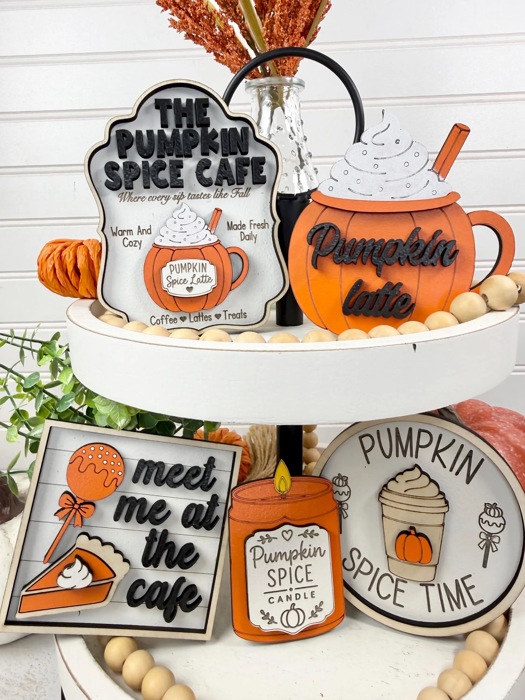 Pumpkin Spice Tiered Tray Decor | Fall Coffee Bar Decor | Pumpkin Spice Latte Wood Sign Set | Autumn Farmhouse Shelf Sitter | Fall Decor
