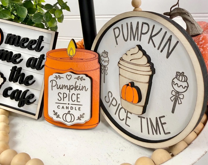 Pumpkin Spice Tiered Tray Decor | Fall Coffee Bar Decor | Pumpkin Spice Latte Wood Sign Set | Autumn Farmhouse Shelf Sitter | Fall Decor