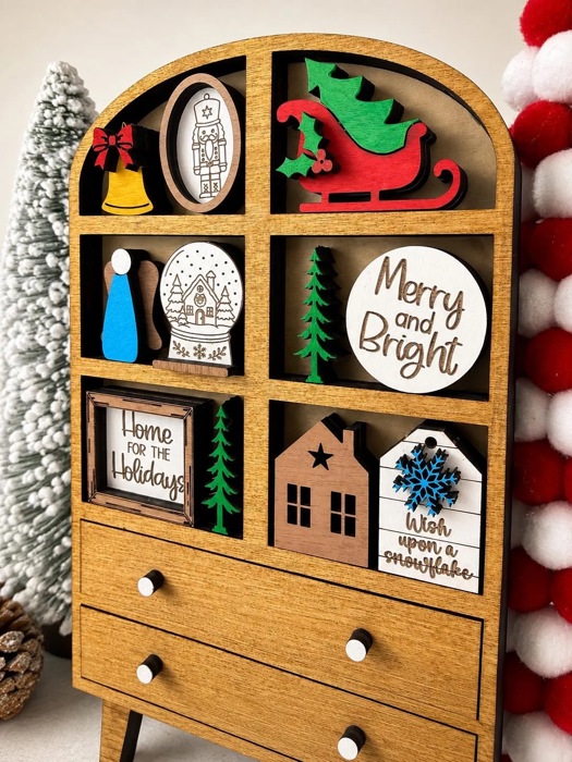 Christmas Mini Hutch Decor, Wooden Christmas Shelf Sitter, Miniature Holiday Decor, Christmas Tier Tray Decor,Farmhouse Christmas Decoration