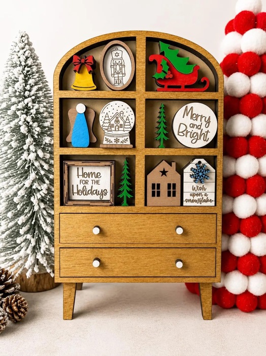 Christmas Mini Hutch Decor, Wooden Christmas Shelf Sitter, Miniature Holiday Decor, Christmas Tier Tray Decor,Farmhouse Christmas Decoration