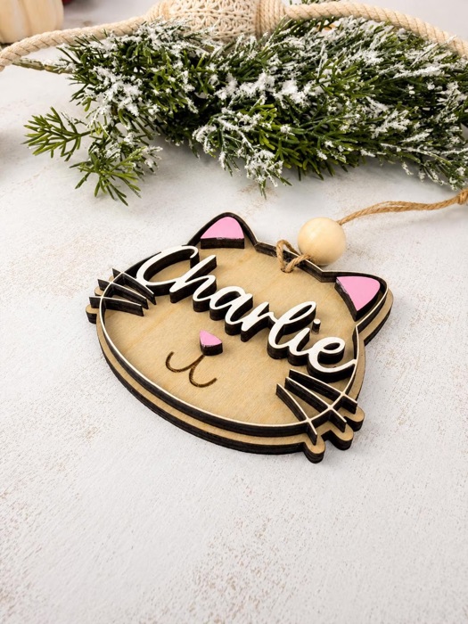 Personalized Cat Stocking Tag, Custom Cat Christmas Ornament, Pet Name Ornament, Wooden Kitty Stocking Name Tag, Cat Lover Gift