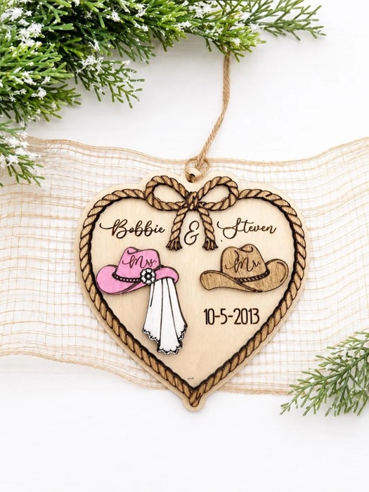 Personalized Western Wedding Ornament, Cowboy Couple Christmas Ornament, Bride Groom Gift, Rustic Wedding Keepsake, Newlywed Ornament
