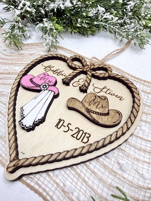 Personalized Western Wedding Ornament, Cowboy Couple Christmas Ornament, Bride Groom Gift, Rustic Wedding Keepsake, Newlywed Ornament