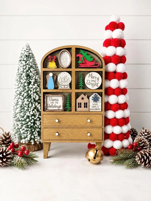 Christmas Mini Hutch Decor, Wooden Christmas Shelf Sitter, Miniature Holiday Decor, Christmas Tier Tray Decor,Farmhouse Christmas Decoration