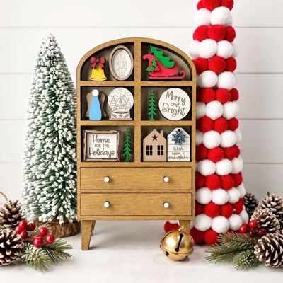 Christmas Mini Hutch Decor, Wooden Christmas Shelf Sitter, Miniature Holiday Decor, Christmas Tier Tray Decor,Farmhouse Christmas Decoration