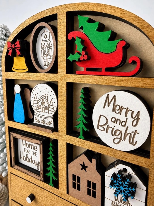 Christmas Mini Hutch Decor, Wooden Christmas Shelf Sitter, Miniature Holiday Decor, Christmas Tier Tray Decor,Farmhouse Christmas Decoration