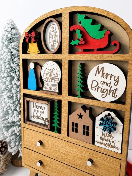 Christmas Mini Hutch Decor, Wooden Christmas Shelf Sitter, Miniature Holiday Decor, Christmas Tier Tray Decor,Farmhouse Christmas Decoration
