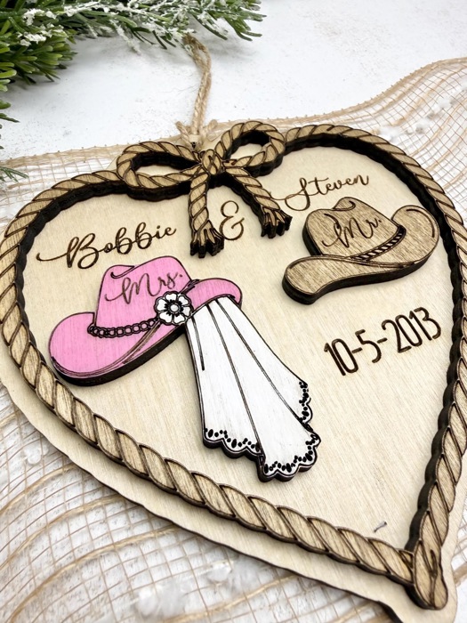 Personalized Western Wedding Ornament, Cowboy Couple Christmas Ornament, Bride Groom Gift, Rustic Wedding Keepsake, Newlywed Ornament