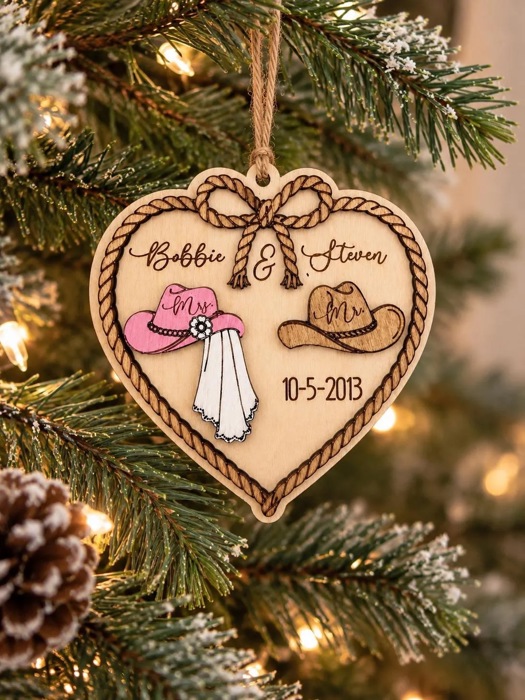 Personalized Western Wedding Ornament, Cowboy Couple Christmas Ornament, Bride Groom Gift, Rustic Wedding Keepsake, Newlywed Ornament